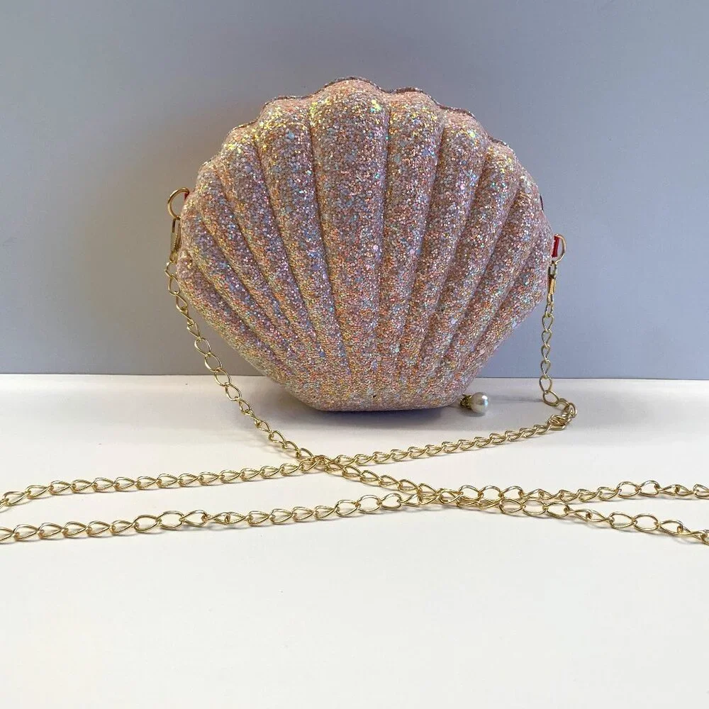 Pink Glitter Shell Crossbody Bag with Gold Chain